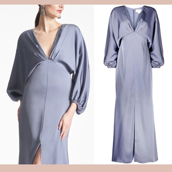 NWT $825 Sachin & Babi [ 8 ] Satin‎ Gabby V Neck A Line Gown in Cool Grey - Picture 2 of 14